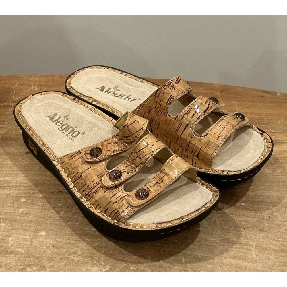 Alegria Fiona Printed Triple Strap Sandals EUR 38 Womens Size 7.5  Cork Brown